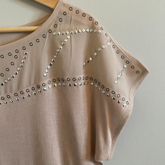 NWT Calvin Klein Pink T-shirt Blouse with Silver Hardware Grommets Sheer Panel - Picture 4 of 11